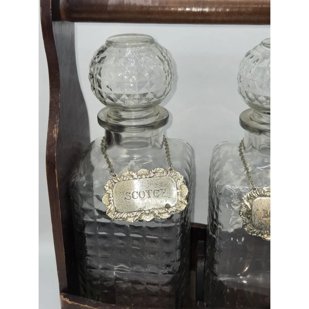 Mid Century Glass Liquor Decanter‎ Set Wood Caddy Scotch Bourbon Vodka 3 Bottle